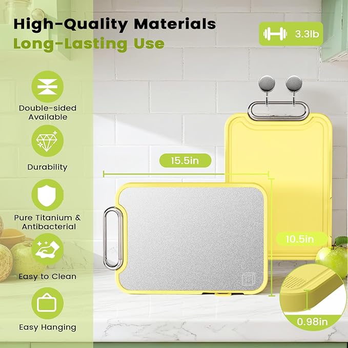 Titanium Cutting Board for Kitchen, Cutting Boards Non Toxic Double Sided Metal Pure Titanium and Wheat Straw PP Chopping Board Food Grade Easy to Clean Large Size 16"*10"*0.9"(Yellow)