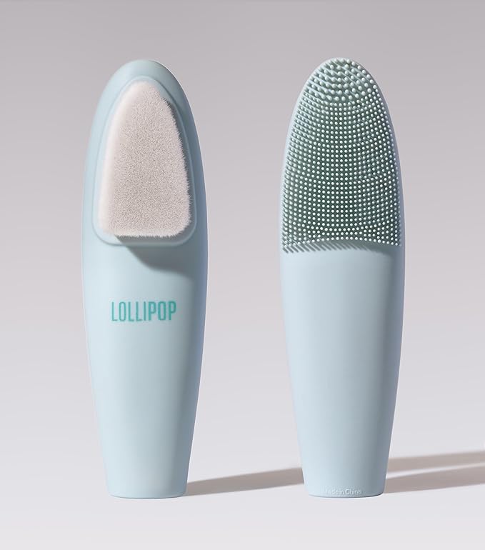 LOLLIPOP Dual-Sided Facial Cleansing Brush | Handle Size Silicone Face Exfoliator and Soft Fiber Cleanser | Manual Face Scrubber for Pores, Makeup Removal, Blackhead and Skincare Routine, Oceanic-BrightBean Baby