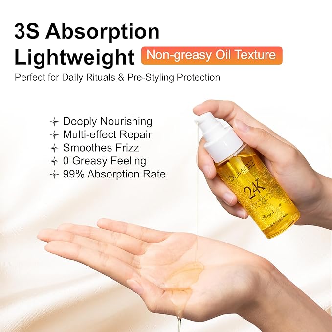 24K Gold Hair Oil, Repair Shine Serum with Coconut, Argan & Olive Oils - Heat Protectant and Frizz Control - Vegan, Lightweight Leave-In Treatment for Dry Damaged Hair (2.02 Fl Oz (Pack of 1))-BrightBean Baby