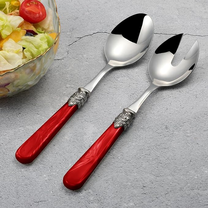 2-piece Salad Servers Stainless Steel Salad Serving Set Salad Fork and Spoon (Red)