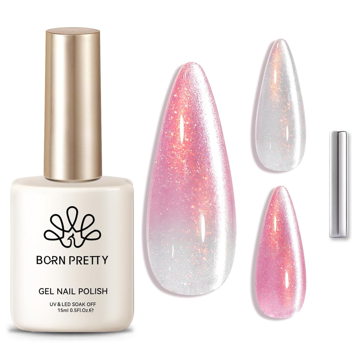 Born Pretty Cat Magnetic Eye Gel Nail Polish,Color Changing Pink Sliver Glitter Cat Magnetic Gel Nail Polish for Nail Art Manicure Salon DIY at Home 15ML-BrightBean Baby