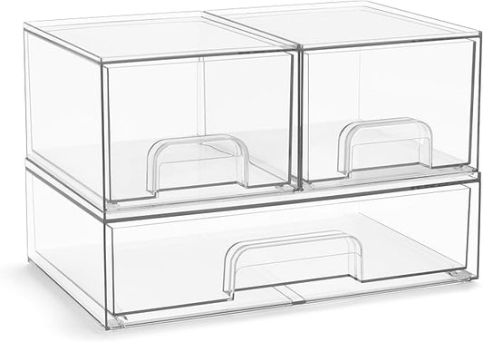 Sorbus Acrylic Storage Containers - 3 Pack, Stackable Storage Bins Set for Bathroom Organization - Clear Acrylic Drawer Organizers - Makeup Case Pull-Out Drawers (4.4’’ Tall and 12.1’’ Wide)-BrightBean Baby