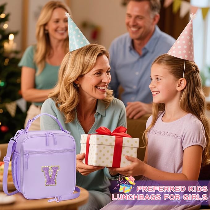 Initial Insulated Lunch Bag for Girls Kids, Back to School Gift, Reusable Leak-proof Lunch Box with Adjustable Strap for School Daycare Travel Picnic (Purple,V)