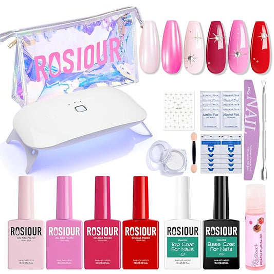 Gel Nail Polish Kit with U V Light, Hema-Free Bright Red Light Baby Pink Violet Pink Summer Gel Polish Set with Base & Top Coat Chrome Nail Powder, 4 Colors Mini Salon Nail Art Starter Gift for Women-BrightBean Baby