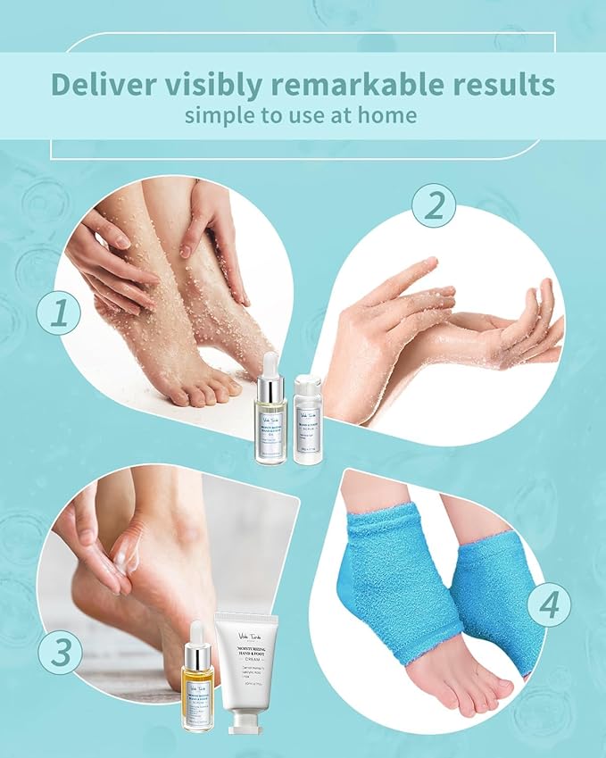 VTS Self Care Kit - Includes Moisturizing Heel Socks, Hand & Foot Oil, Salt Scrubs, Serum, Urea Cream 40 Percent - Hand Care Set, Foot Pedicure Kit for Dry Cracked Heels Feet Knees Elbows Hands-BrightBean Baby