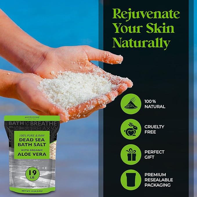 Aromasong 19 lbs RAW Dead Sea Salt with Organic Aloe Vera, not Cleaned, Still Contains All Dead sea Minerals Including Dead sea Mud, Fine Medium Grain Large resealable Bulk Pack - Packaging May Vary-BrightBean Baby