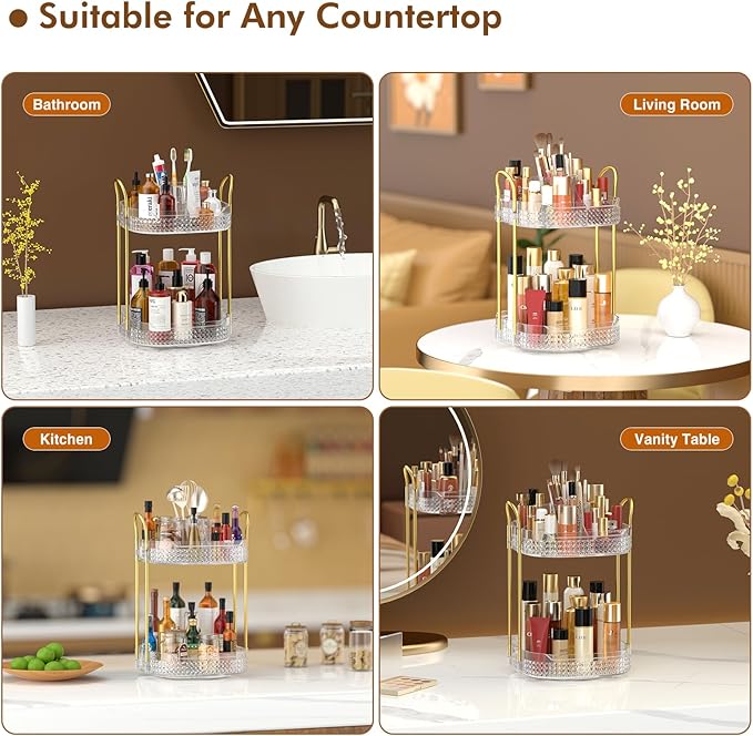 Awenia Rotating Makeup Organizer 360, Stackable Adjustable Large Capacity Cosmetic Storage Unit,Dresser Bathroom Kitchen Countertop Organizer with Metal Handle, Plus Size (Clear, 2 Tier)-BrightBean Baby