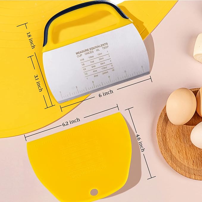 YGDZ Dough Scraper Chopper 2 Pcs, Stainless Steel Dough Cutter With Grip, Plastic Bench Scraper with Measuring Scale, Multipurpose Pizza Cutter, Pastry, Food Scraper for Baking, Dough, Bread, Cake