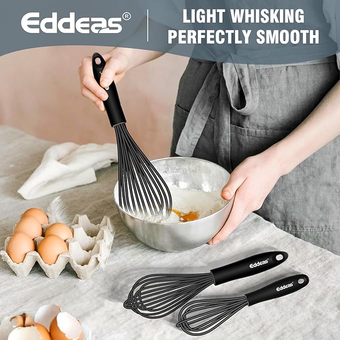 Whisks For Cooking - 500 °F Heat Resistant Silicone Whisk, Heavy Duty 7",9"&11inch Non-Scratch Balloon Kitchen Wisk tool Set, for cooking Wisking, Blending, Beating, Stirring, 3 Piece Black