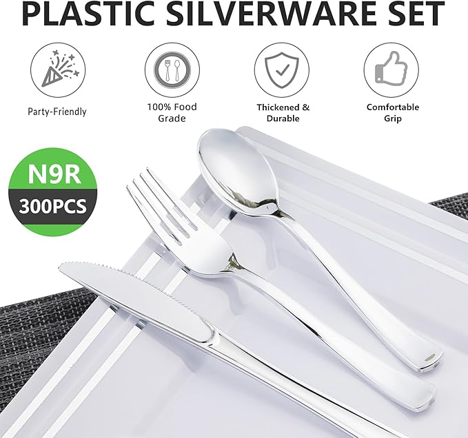 N9R 300PCS Silver Plastic Silverware Set, 100 Forks, 100 Spoons, 100 Knives, Heavy Duty Disposable Cutlery for Parties, Fancy Disposable Flatware for Weddings, and Daily Use