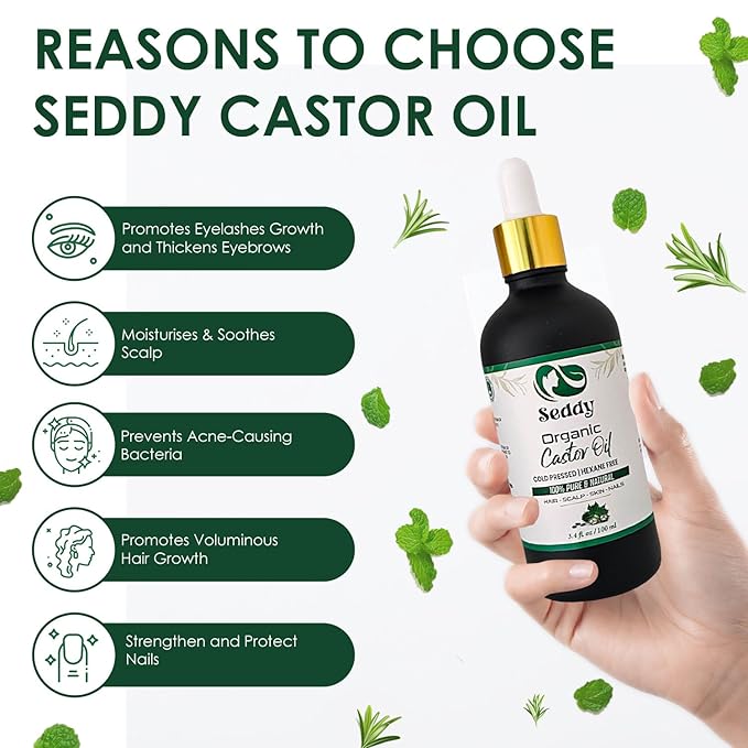 Seddy Organic Castor Oil - Cold Pressed | Hexane-Free | Pure | Hair, Scalp, Eyelashes, Eyebrows, Skin, & Nails | Hair Treatment Oil - 3.4 Fl. Oz-BrightBean Baby