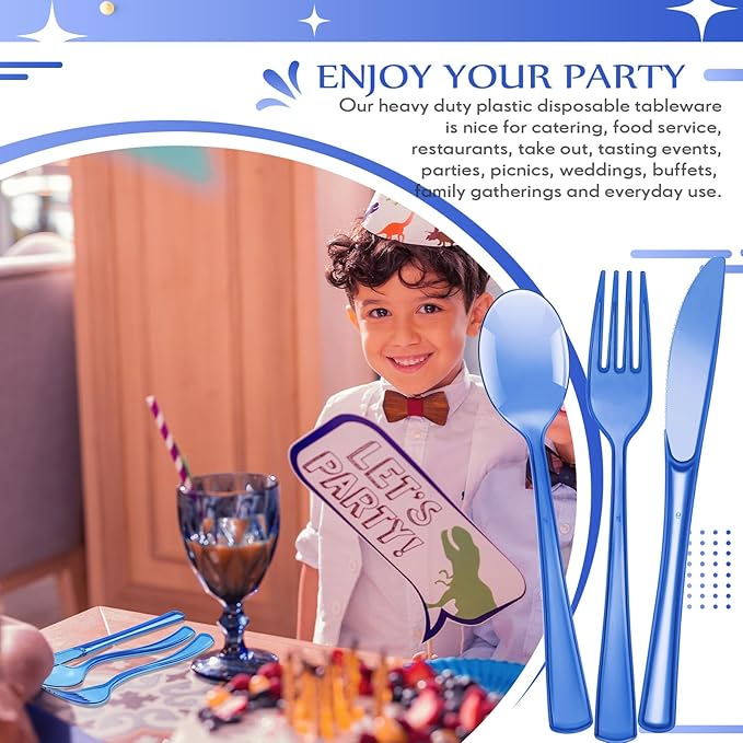 Minatee 150 Pieces Disposable Cutlery Set Plastic Silverware Heavy Duty Utensil Sets 50 Forks 50 Knives 50 Spoons for Home Office School Party Picnics Restaurant Outdoor Events(Blue)