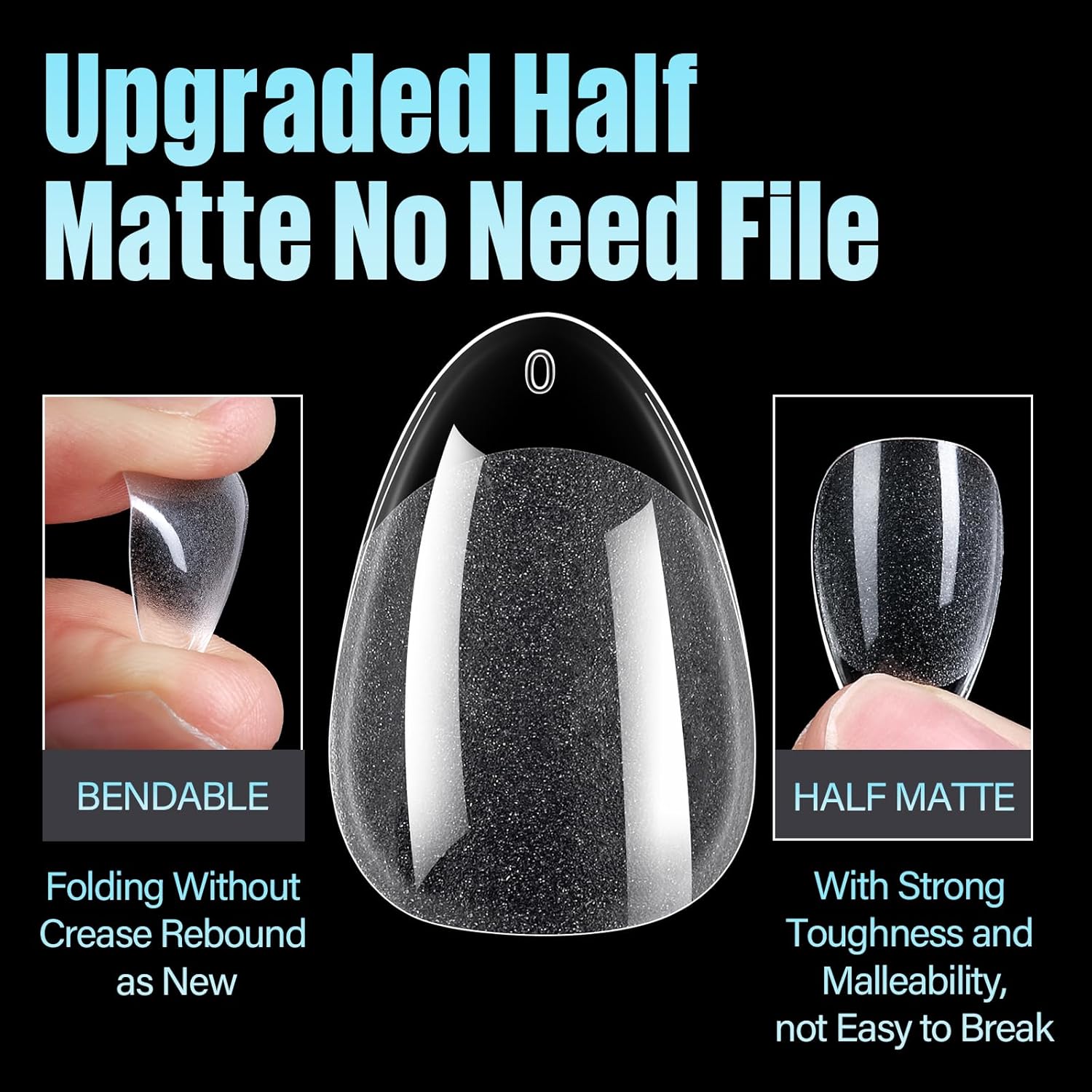 TOMICCA Short Almond Nail Tips, 504Pcs Soft Acrylic Nail Tips, 12 Sizes Pre-Shaped Half Matte Fake Clear Gelly Tips, Press on Acrylic Nails for Nail Extension DIY Nail Salon-BrightBean Baby