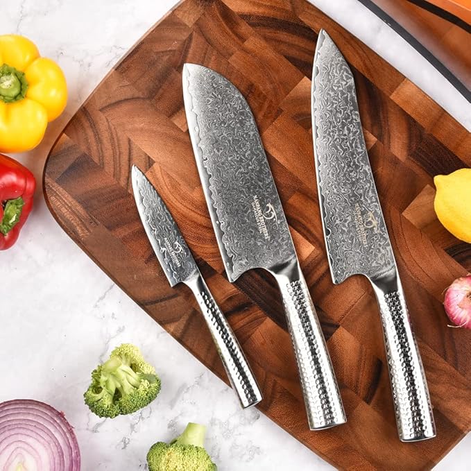 Damascus Steel Knife Set With Block - 3-Piece Kitchen Set Includes Chef, Santoku, Paring Knife - Stain & Rust Resistant