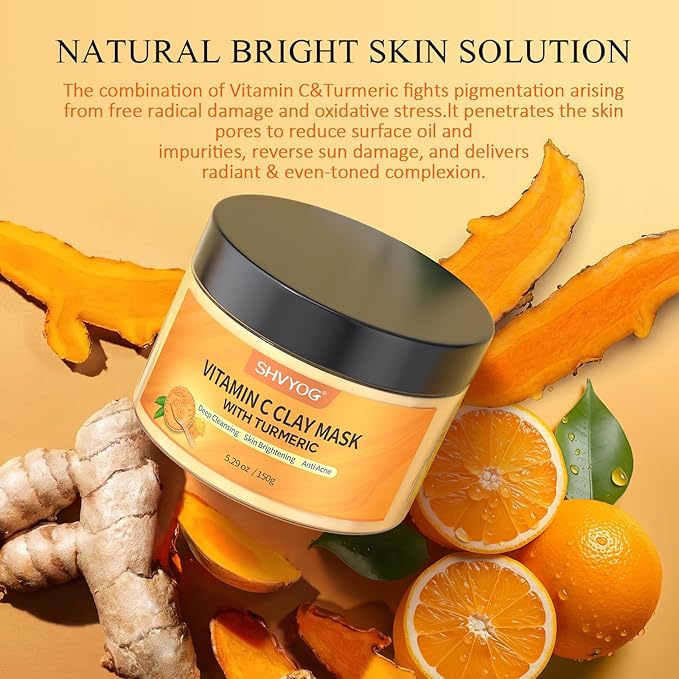 Vitamin C Face Mask with Kaolin Clay and Turmeric for Dark Spots, Dull Skin, Skincare Facial Mask for Controlling Oil and Refining Pores 5.29 Oz-BrightBean Baby