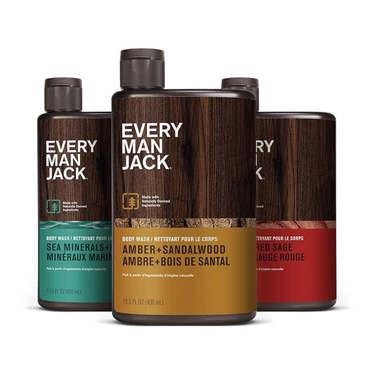 Every Man Jack Men's Body Wash Variety Pack - Includes 3 Body Washes with Natural Ingredients & Incredible Scents - Amber + Sandalwood, Cedar + Red Sage, Sea Minerals + Citron Fragrances-BrightBean Baby