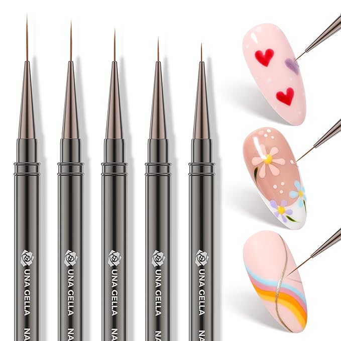 UNA GELLA Nail Art Brushes Metallic, Liner Pens 5Pcs Set For Nail Art Gel Polish, Gray Color, Detail Nail Art Design Painting Brush Set For Nails Gel Fine Drawing Nail Tools, 6/9/11/15/18mm Sizes-BrightBean Baby