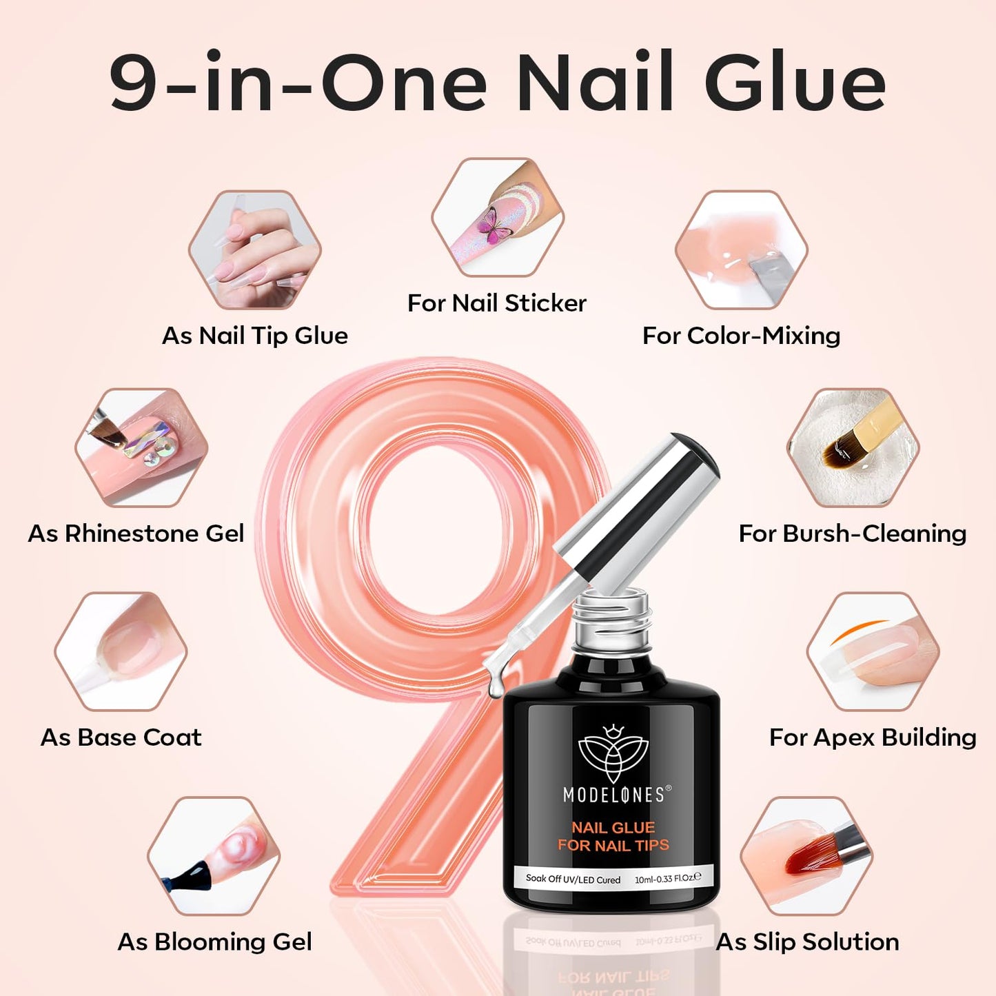 modelones Short Almond Gel Nail Tips Kit, 9-in-One Nail Glue with Portable U V Lamp 216Pcs 12Sizes Pre-Etched Press ons Fake Acrylic Extension Kit DIY Salon Gift for Women-BrightBean Baby