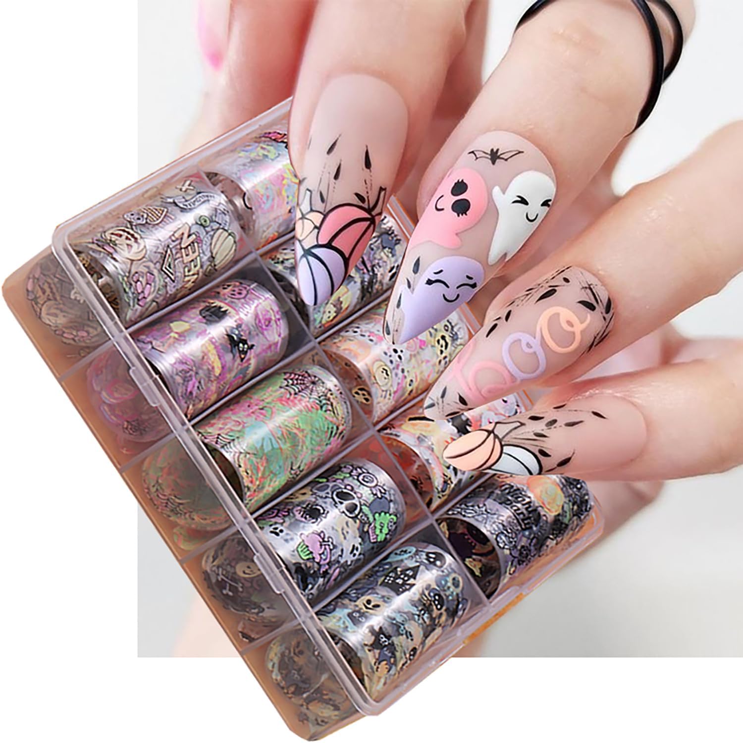 Halloween Nail Foils Transfers - Ghost Pumpkin Skull Bat Spider Web Black Cat Design, Gold & Holographic Foil Stickers for Nail Art, Manicure Decals for DIY Acrylic Nails, 10 Sheets-BrightBean Baby