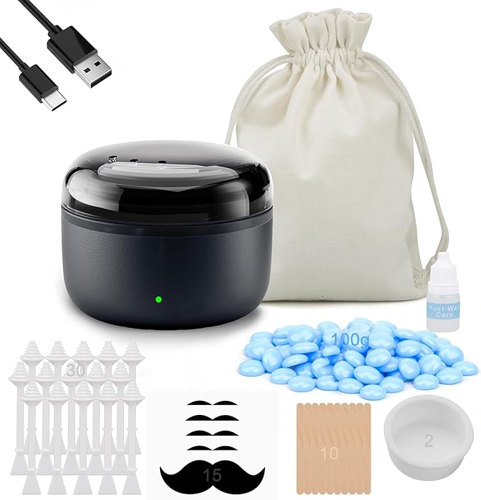 Nose Wax Kit - Travel Wax Warmer for Hair Removal with 100g Waxs, 15 Applicators, 30 Nose Hair Sticks 2 Silicone Pots, 1 Bag Constant Temperature, 15-20 Times Black - Round | Black | Mini-BrightBean Baby