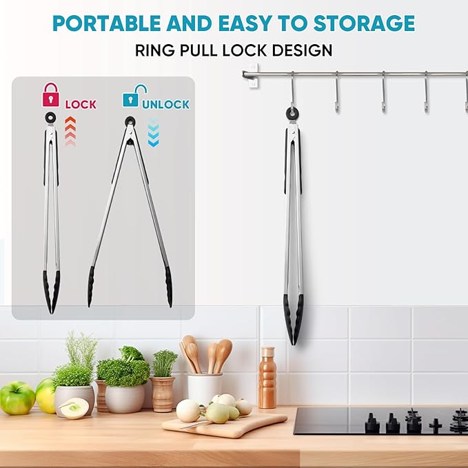 600℉ Heat Resistant Kitchen Tongs for Cooking with Silicone Tips,Maywe Tanso 17-Inch Stainless Steel Locking Cooking Tongs Food Tongs for BBQ,Cooking,Salad and Serving Food,Heavy Duty,Non-Stick,Black