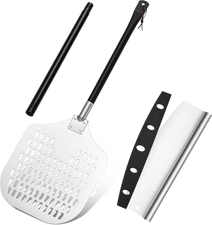 Aluminum Pizza Peel Spatula Set, HaSteeL 12 Inch Pizza Paddle Shovel, 14 Inch Metal Pizza Cutter Rocker, Pizza Oven Accessories Tools for Cooking Baking Turning Cutting, Detachable Handle, Perforated