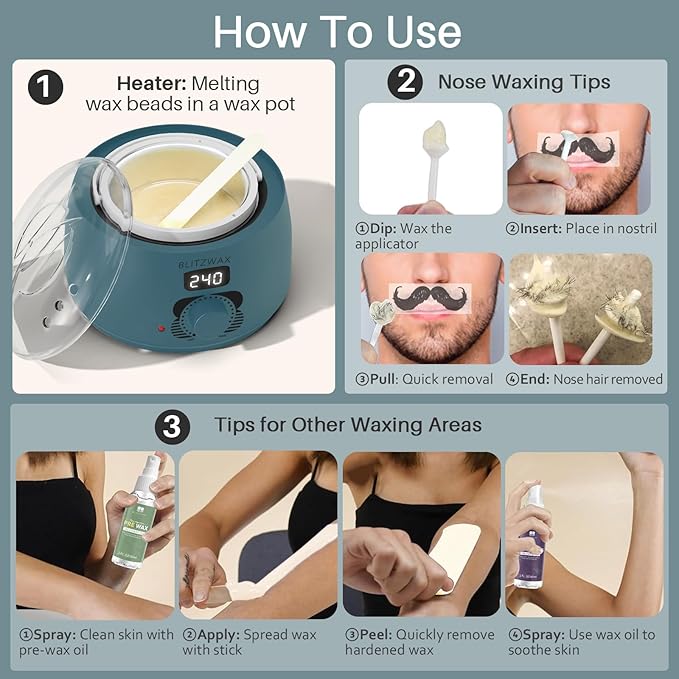 BLITZWAX Back and Nose Waxing Kit for Men, Hard Wax Warmer for Brazilian, Body and Face, At Home Hair Removal Kit, Beginner Friendly, Quick Heating, 93 Accessories, Blue Spruce-BrightBean Baby