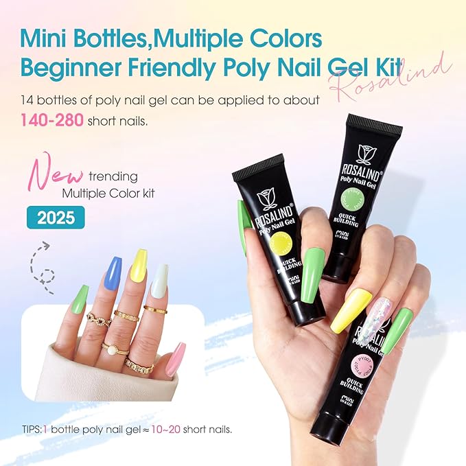 ROSALIND Poly Nail Gel Colors Kit -14 Colors +72 Nail Art Accessories kit Poly Nails Gel Kit Starter Kit with Mini UV Lamp Slip Solution Poly Nail Art Tools for Beginners with Everything-BrightBean Baby