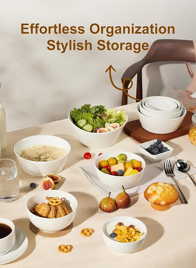 Yedio Small Bowls Set, White Ceramic Bowls of 6, 10 oz Porcelain Bowl for Kitchen Dessert Rice Side Dish Snack Soup Fruits Cereal Ice Cream, Microwave Dishwasher Freezer Oven Safe Easy Clean Stackable