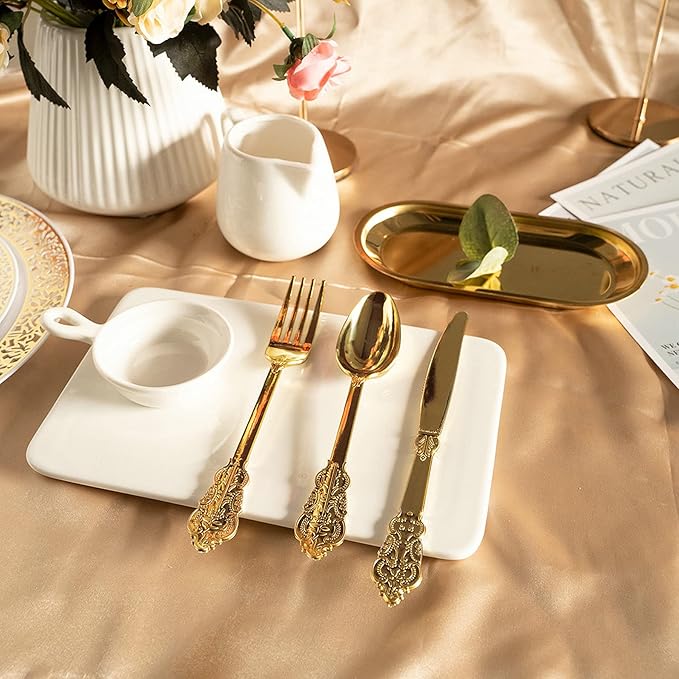 N9R 100PCS Gold Plastic Forks, 7.48inch Disposable Gold Plastic Silverware, Heavy Duty Plastic Forks for Parties, Weddings and Events