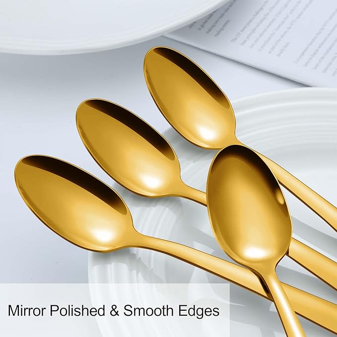 Pleafind 36Pcs Gold Dinner Spoons Set - 7.4 inch, Spoons Silverware, Stainless Steel Spoon, Mirror Polished Tablespoon, Gold Silverware Set for Home, Kitchen, Restaurant, Dishwasher Safe