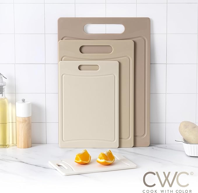 COOK WITH COLOR Non-Slip Cutting Board Set – Kitchen Essentials with Easy Grip Handle for Meat, Veggies, and Fruits, 4 Cutting Boards, Brown