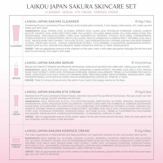 Skin Care Set JAPAN SAKURA Beauty Gift Sets Skin Care Kit with Cleanser, Serum, Eye Cream, Face Cream Travel Kit for Women Mom Wife Teen Girls Gentle Skin Cleaning TSA-friendly Sizes 4pcs-BrightBean Baby