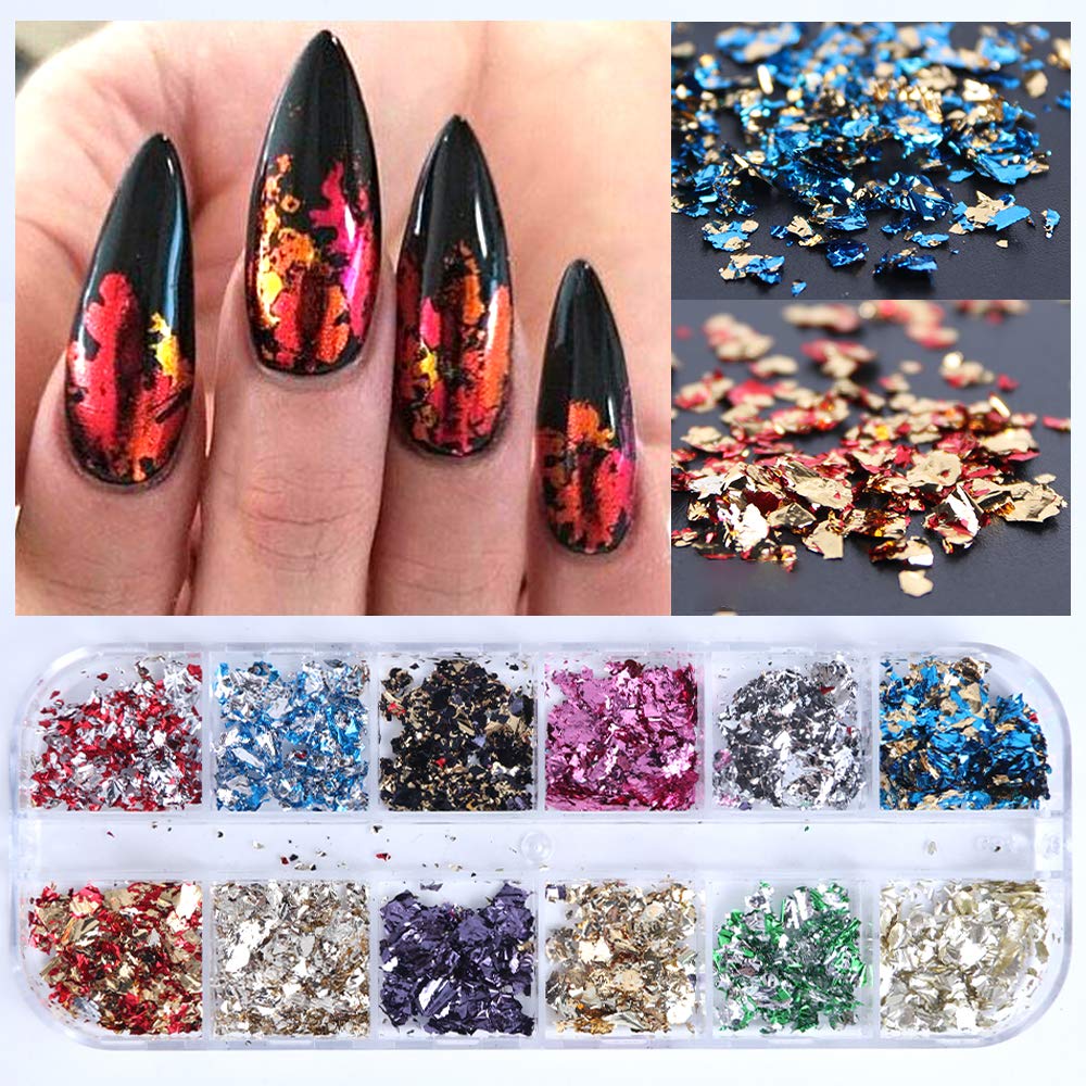 AUOCATTAIL 24 Grids Foil Nail Art Holographic Aluminum Nail Foil Flakes Stickers Nail Sequins 3D Glitter Decoration DIY Design Accessories Rainbow Nail Art Supplies Gold Nail Decals-BrightBean Baby