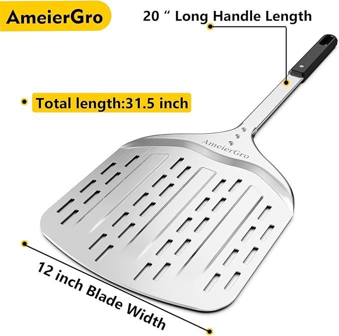 12" Perforated Pizza Peel, Long Handle(31") Anodised Aluminum Pizza Spatula Paddle, Pizza Oven Accessories for Pizza Stone/Grill
