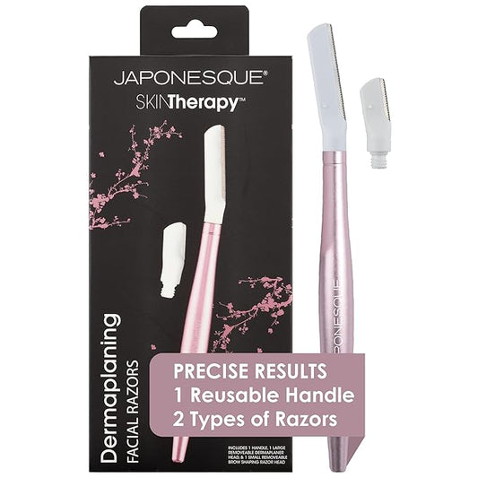 JAPONESQUE - SKINTherapy Dermaplaning Facial Razors - Two Blade Sizes with Interchangeable Handle, Eyebrow Razor, Ultra Sharp Japanese Blades, For Hair Removal, Multipurpose Exfoliating-BrightBean Baby
