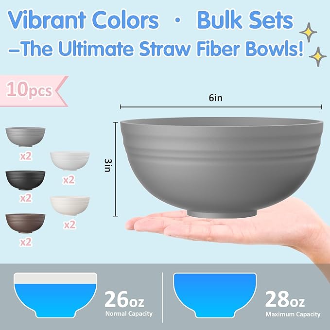 Quatish 10 PCS Unbreakable Cereal Bowls,Dishwasher & Microwave Safe Wheat Straw Bowls, Easy-to-Clean Lightweight Snack & Soup Bowl,Multi-Color Portable for Picnics Plastic Bowls Set, Brown