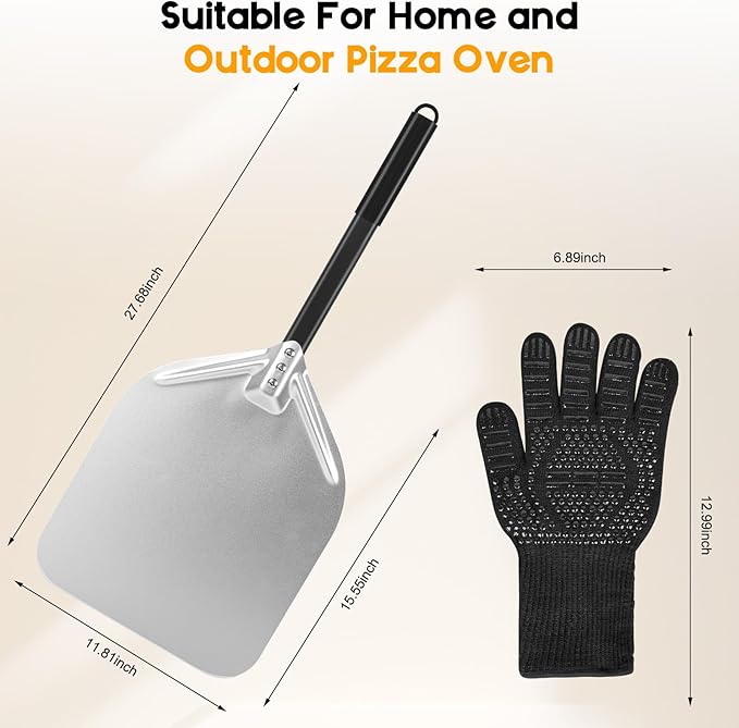 Pizza Peel, Pizza Paddle 12 Inch, Pizza Spatula with Oven Gloves, Space-Saving & Easy-to-Clean, Pizza Oven Accessories