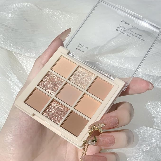 Erinde 9 Colors Eyeshadow Palette, Matte Shimmer Glitter Eye Shadow Makeup Palette, Highly Pigmented Long Lasting Waterproof, Natural Neutral Nude Eyeshadow Makeup Pallet, Milk Latte Color-BrightBean Baby