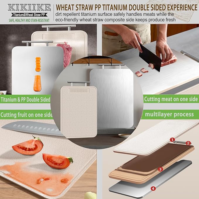 Titanium Cutting Board Double Sided Pure Titanium Cutting Boards for Kitchen, Pure titanium & Wheat Straw PP Food Grade metal chopping boards Easy to Clean Large Size