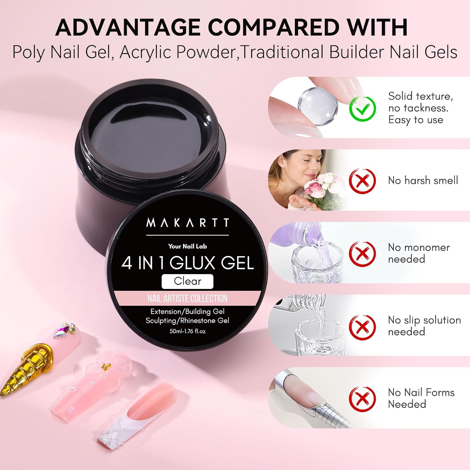 Makartt 3D Gel Nail Art: 50g 3D Nail Gel Clear Non-sticky 3d Sculpting Gels, 4-in-1 Solid Gels Builder for Extension, UV Glue for Acrylic Tips, Rhinestones & 3d Carving for Home Salon DIY-BrightBean Baby