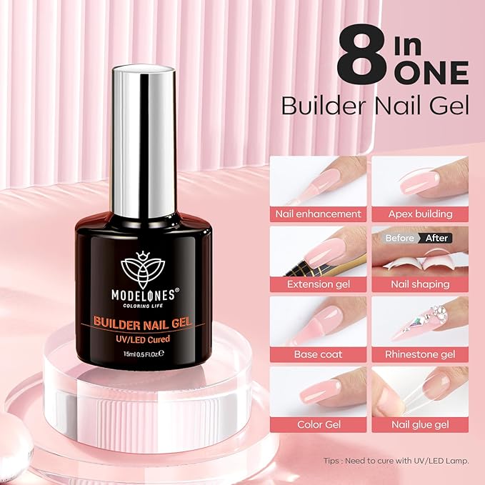 modelones Builder Nail Gel, 8-in-One Pink Shimmer Builder, Sparkle Glitter Pink Rubber Base Gel Polish LED Lamp Cured Hardener Color Base Strengthener Extension for Home DIY Salon Girls-BrightBean Baby