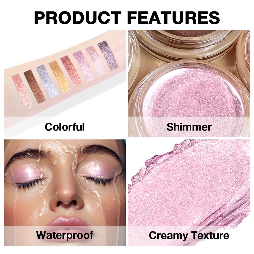 Cream Glitter Soft Pink Shimmer Metallic Eyeshadow Palette Makeup, Natural Single Mini Instant Holographic Eyeshadow For Women, Sombras Crema Para Ojos, Talc, Paraben & Cruelty Free-BrightBean Baby