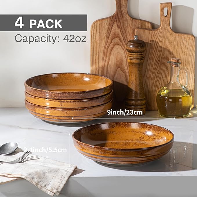 HAPPY KIT 9'' Pasta Bowls, 42oz Pasta Bowls Set of 4, Large Salad Bowl, Ceramic Serving Bowls,Double Reactive Glaze, Ideal for Housewarming, Festivals, Microwave Safe (Ocher)