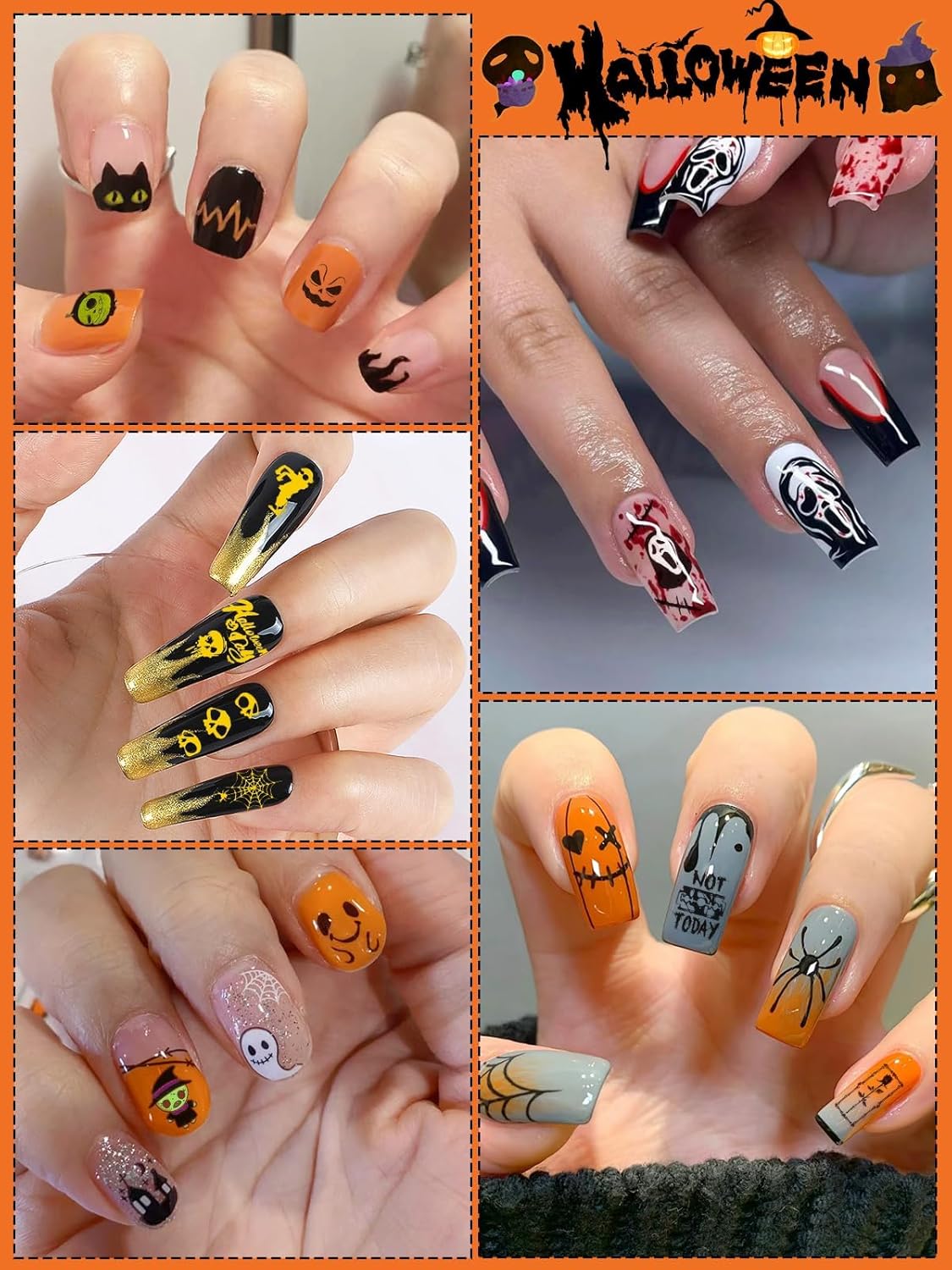 Halloween Nail Art Stickers Decals, Kalolary Self-Adhesive DIY Nail Sticker Decals 3D Design Nail Decorations for Halloween Party Include Pumpkin/Bat/Ghost/Witch(12 Sheets)-BrightBean Baby