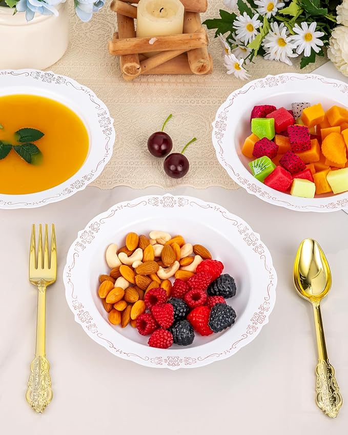 100 Pack White Plastic Bowls with Rose Gold Rim, 12oz Plastic Dessert Bowl, Bowls Disposable Heavy Duty for Hot Soup, Dessert, Salad, Cake, Ice Cream, Fruit