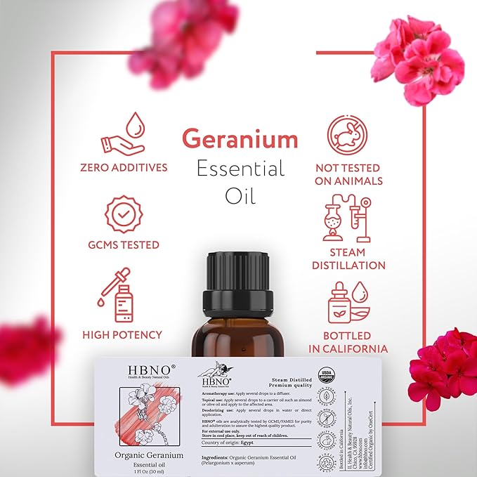 HBNO Organic Geranium Essential Oil - 1 oz (30ml) - USDA Certified Organic Geranium Essential Oil for Aromatherapy, Soap Making, DIY, Fragrances, Diffuser.-BrightBean Baby