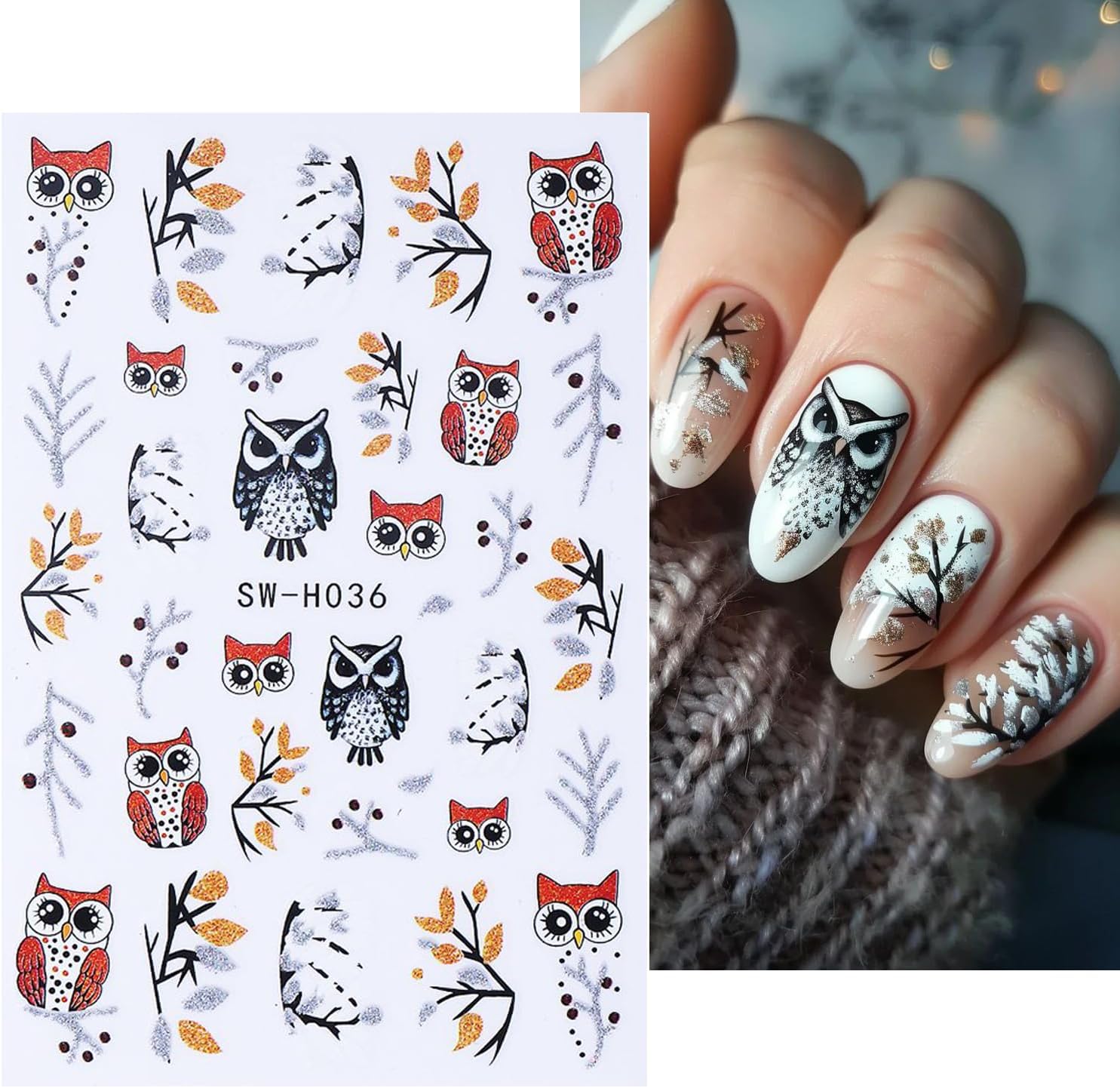 4pcs Christmas Nails Stickers Silver Glitter Leaves Line Owl Nail Art Design 3D Self-Adhesive Nail Decals Xmas Nail Sticker DIY Autumn Winter Manicure Art Supplies Decoration Accessories-BrightBean Baby