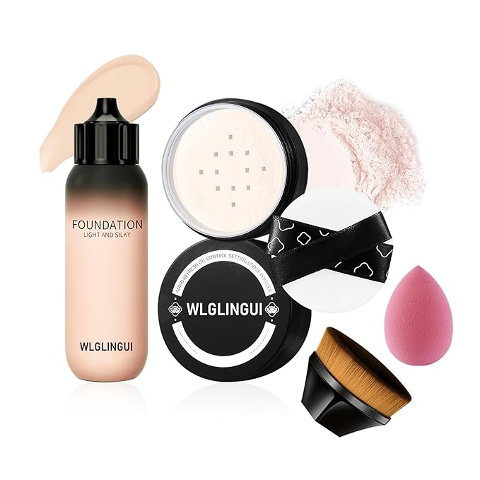 Full Coverage Liquid Foundation Makeup Set,Oil Control Concealer Long Lasting Waterproof Loose Setting Face Powder,Moisturizing BB Cream Set with Soft Makeup Sponge and Foundation Makeup Brush（4PCS）-BrightBean Baby