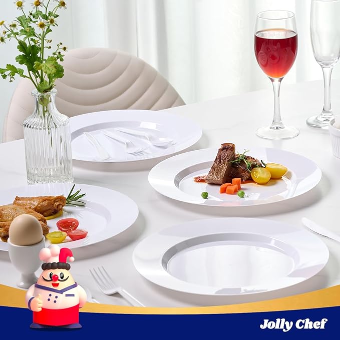 JOLLY CHEF 100 Pieces White Plastic Plates-10 Inch Elegant Disposable Plastic Plate, Disposable White for Weddings,Parties,Dinner,Birthdays and Events